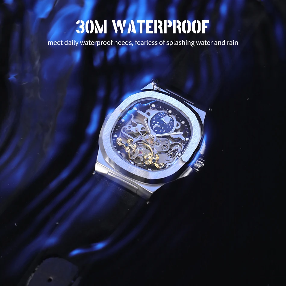 2025High-end Luxury SKROX Square Man Watch Sapphire Tourbillon Steel Skeleton Moon Phase Automatic Movement Leather Male Watches