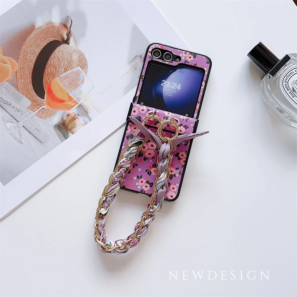 Flower PU Leather Cover with Hinge Protection & Scarf Wrist Chain Strap Bracelet For Samsung Galaxy Z Flip 6 5 4 3 5G Phone Case
