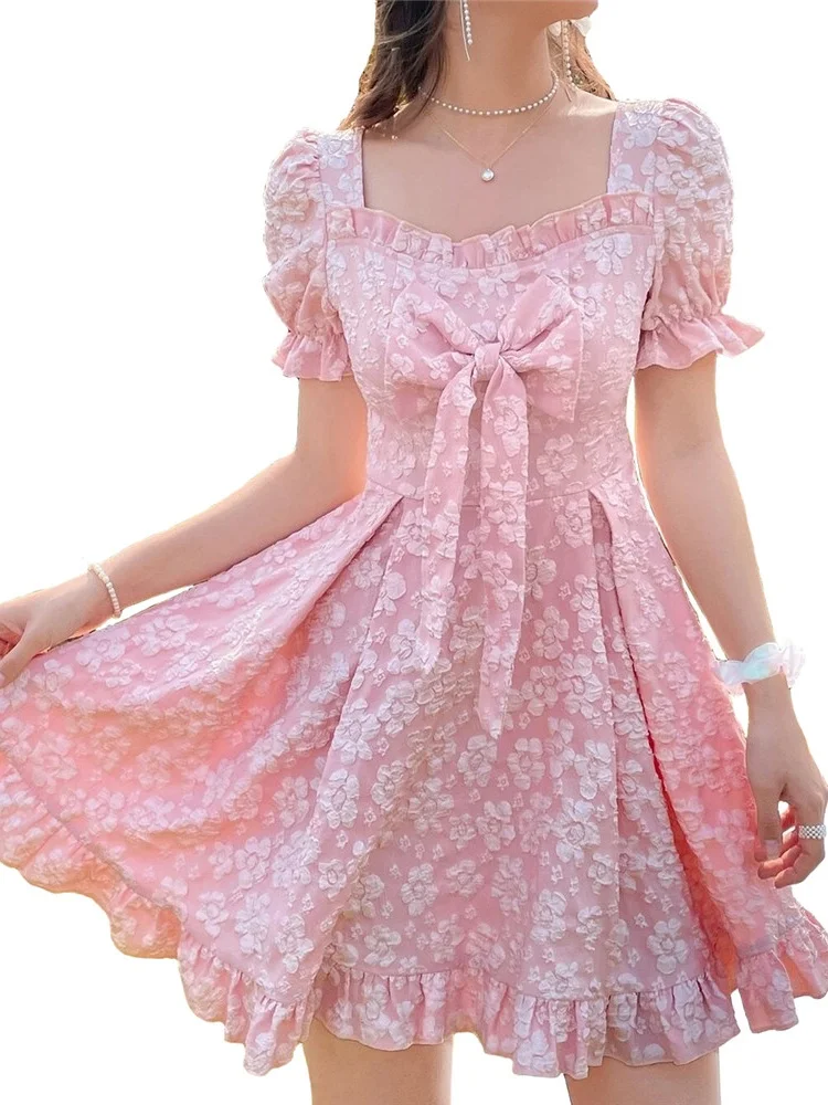 

Women's Summer Sweetheart Floral Print Square Neck Bow Front Puff Short Sleeve Ruffle Hem A Line Dress Female Clothes