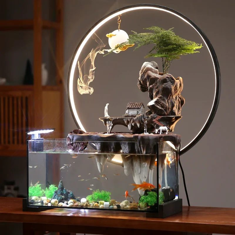 Fish tank living room, water flow ornaments, circulating water wheel, TV cabinet, office decoration, foyer, landscaping