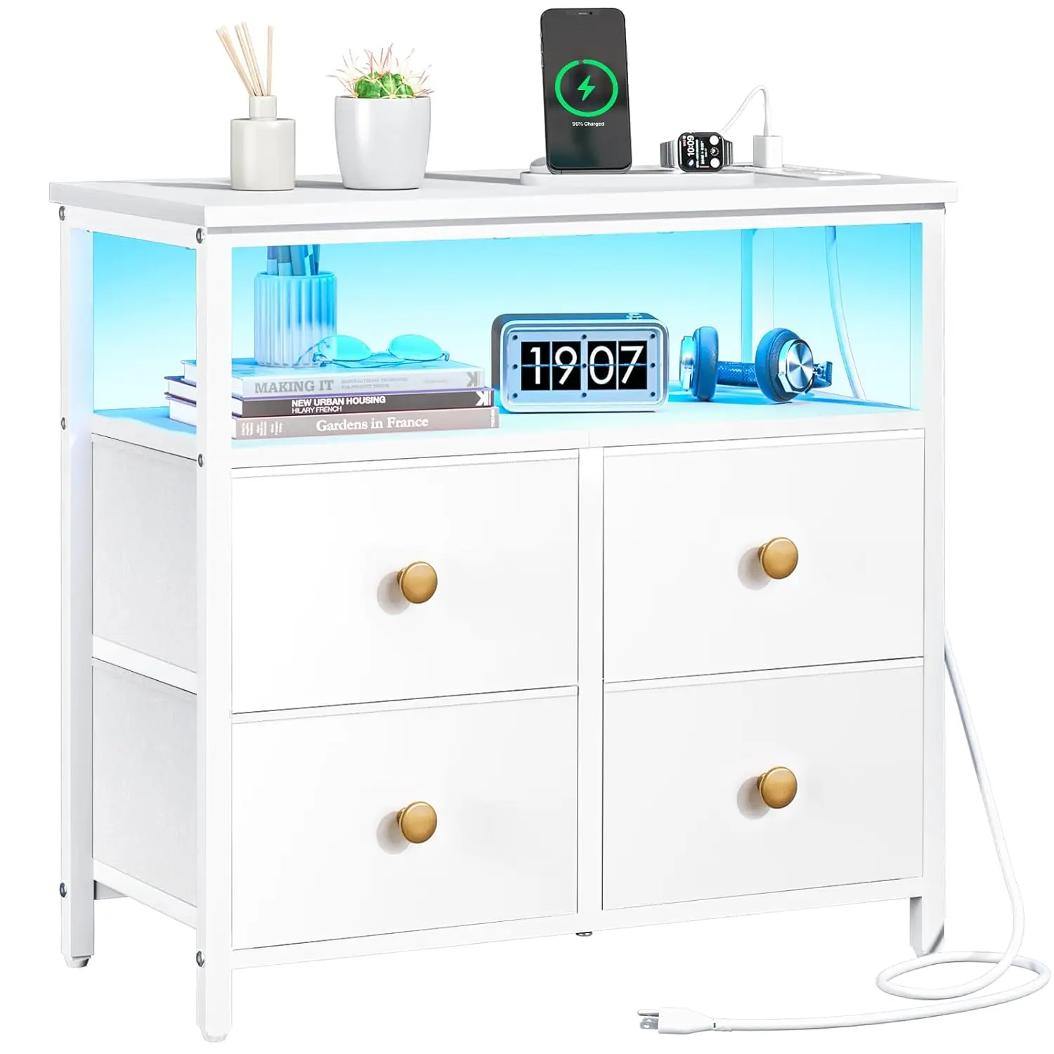

4-Drawer Nightstand with Charging Station LED Storage Shelf Bedroom Side End Table Wood Home Office White, Customized