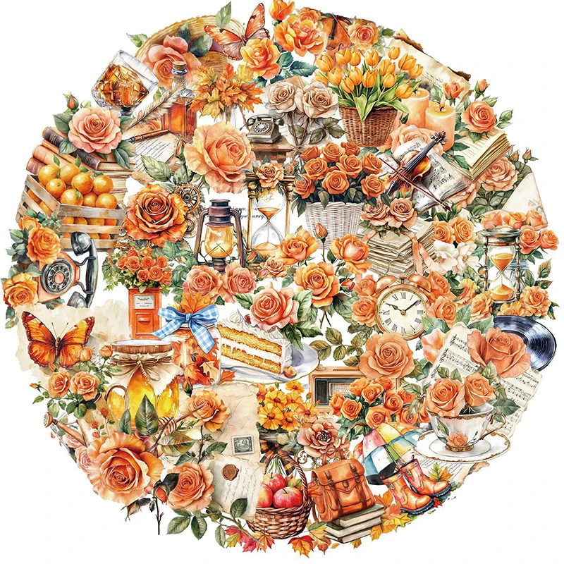 

50PCS Vintage Orange Rose Floral Stickers Clear Watercolor Small Rose Aesthetic Sticker Vinyl Waterproof Decal for Water Bottles