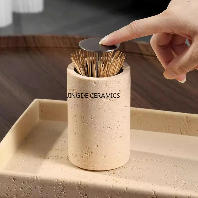 Sandstone Toothpick Jar Press Type Toothpick Box Cotton Swab Storage Jar Living Room Desktop Decoration Restaurant Utensils
