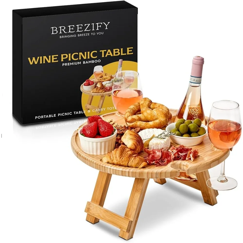 BREEZIFY Folding Portable Wine Picnic Table with Carry Bag, Clever Gifts Women, Outdoor Picnic Accessories Essentials, Bamboo