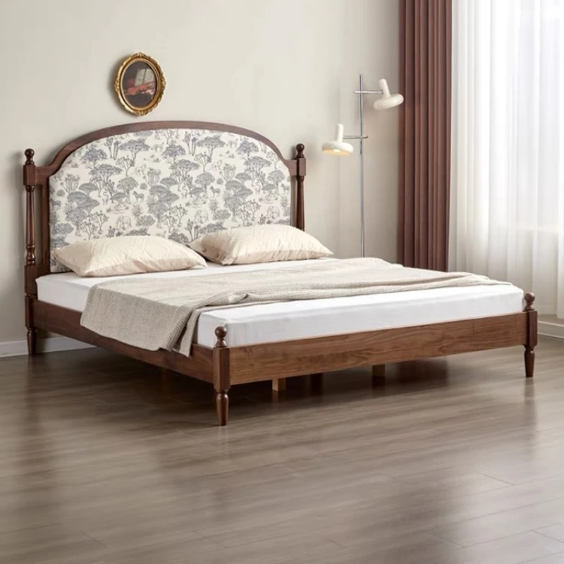 

French retro ash wood garden soft bag solid wood master bedroom double bed simple American high backrest fabric wedding bed