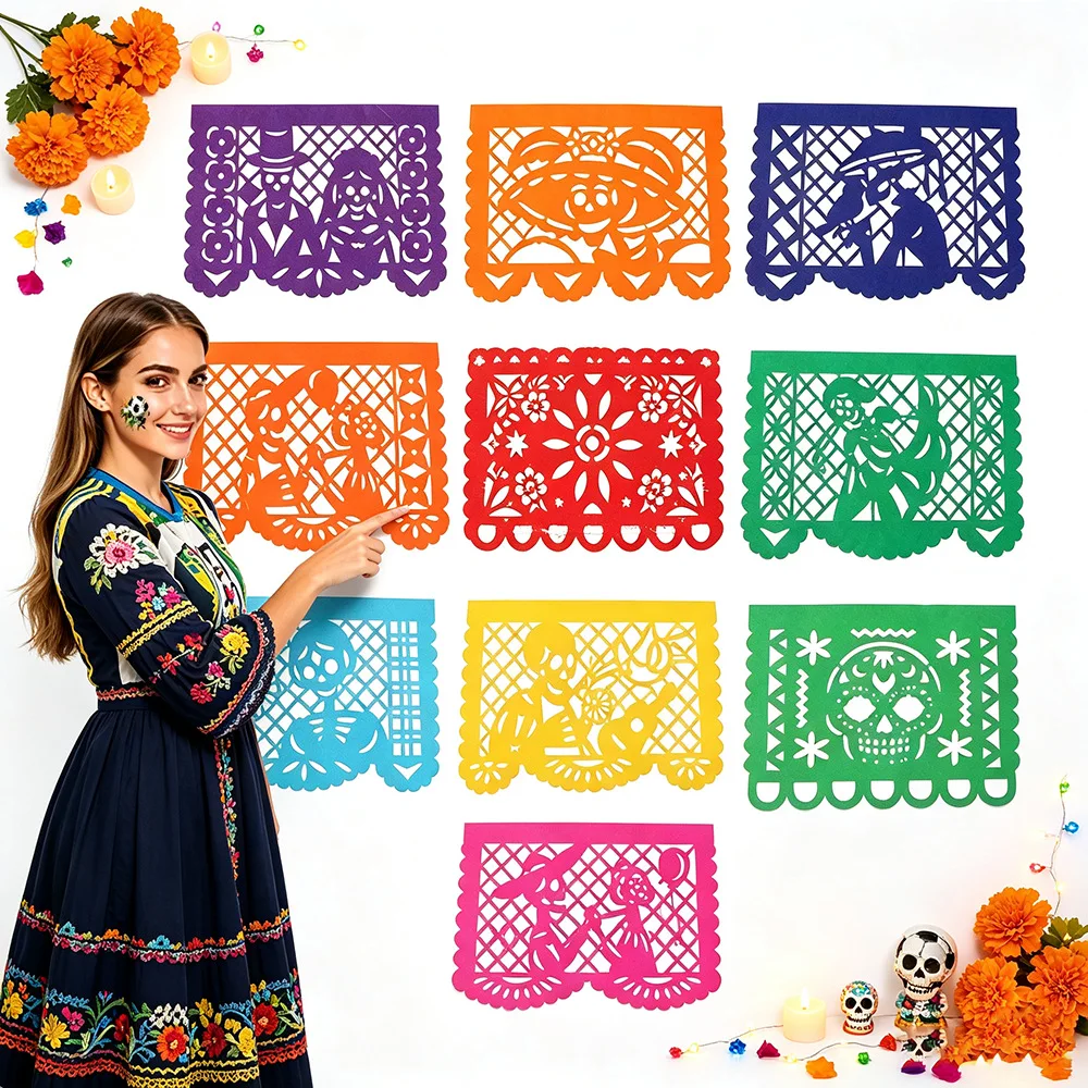 Mexikanisches Tag der Toten Papel Picado Banner 50 Stück Hohle Totenkopf-Blumen-Ausschnitt-Fahnen-Girlande Dia De Muertos Fiesta Party Hängedekoration – Detail 9