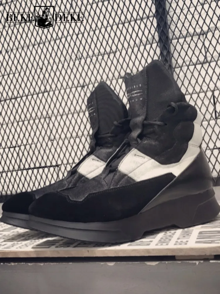 

Japanese Style Genuine Leather Round Toe Cross-Tied Handmade Ankle Boots Mix Color Cow Suede Male Height Increase Footwear