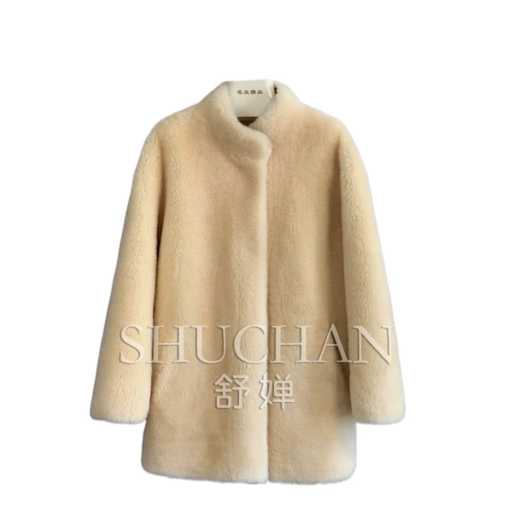 2026 winter Butter milkshake, lamb wool stand-up collar, medium and long fur, winter new coat, sheep shearing composite fur inte