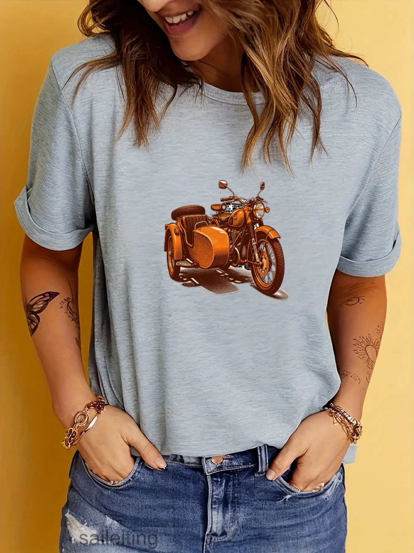 Vintage Orange Motorcycle with Sidecar Graphic Tee - Retro Classic Biker Short Sleeve T-Shirt for Men Women, Summer Breathabl