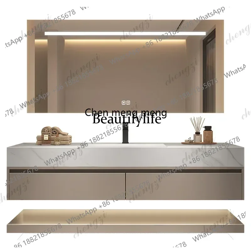 03A Modern Floating Vanity Bathroom Slate Integrated Basin Wall Mounted Bathroom Storage Cabinet Single Set Bathroom Vanity Sink