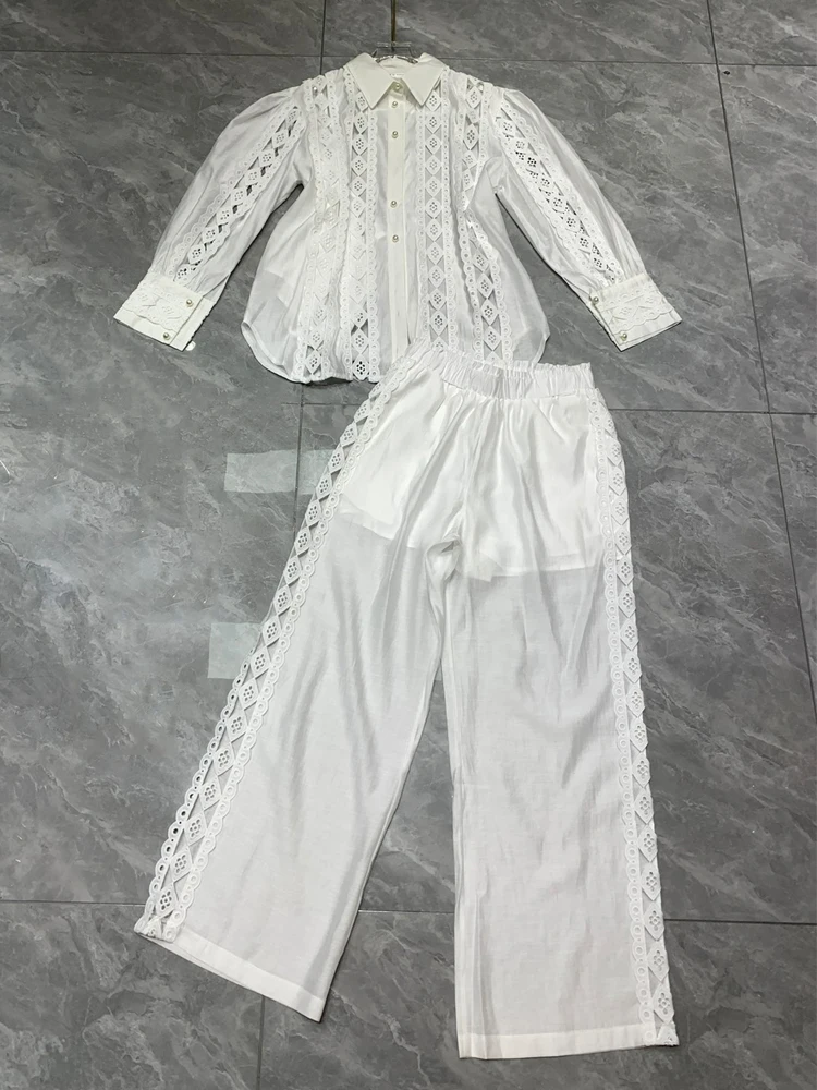 AELESEEN Designer Fashion Spring Summer Set Women Turn-down Collar Full Sleeve Hollow Out Blouse + Long Pants See-through Set