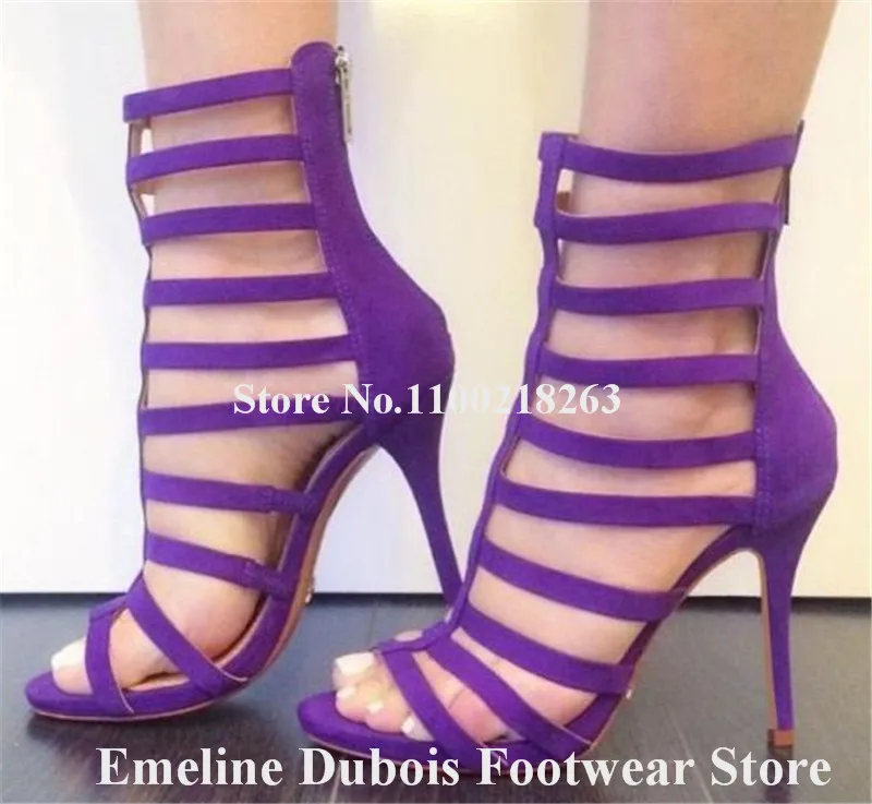 Purple Yellow Suede Gladiator Sandals Emeline Dubois Open Toe Thin Straps Stiletto Heel Dress Shoes Back Zipper-up High Heels