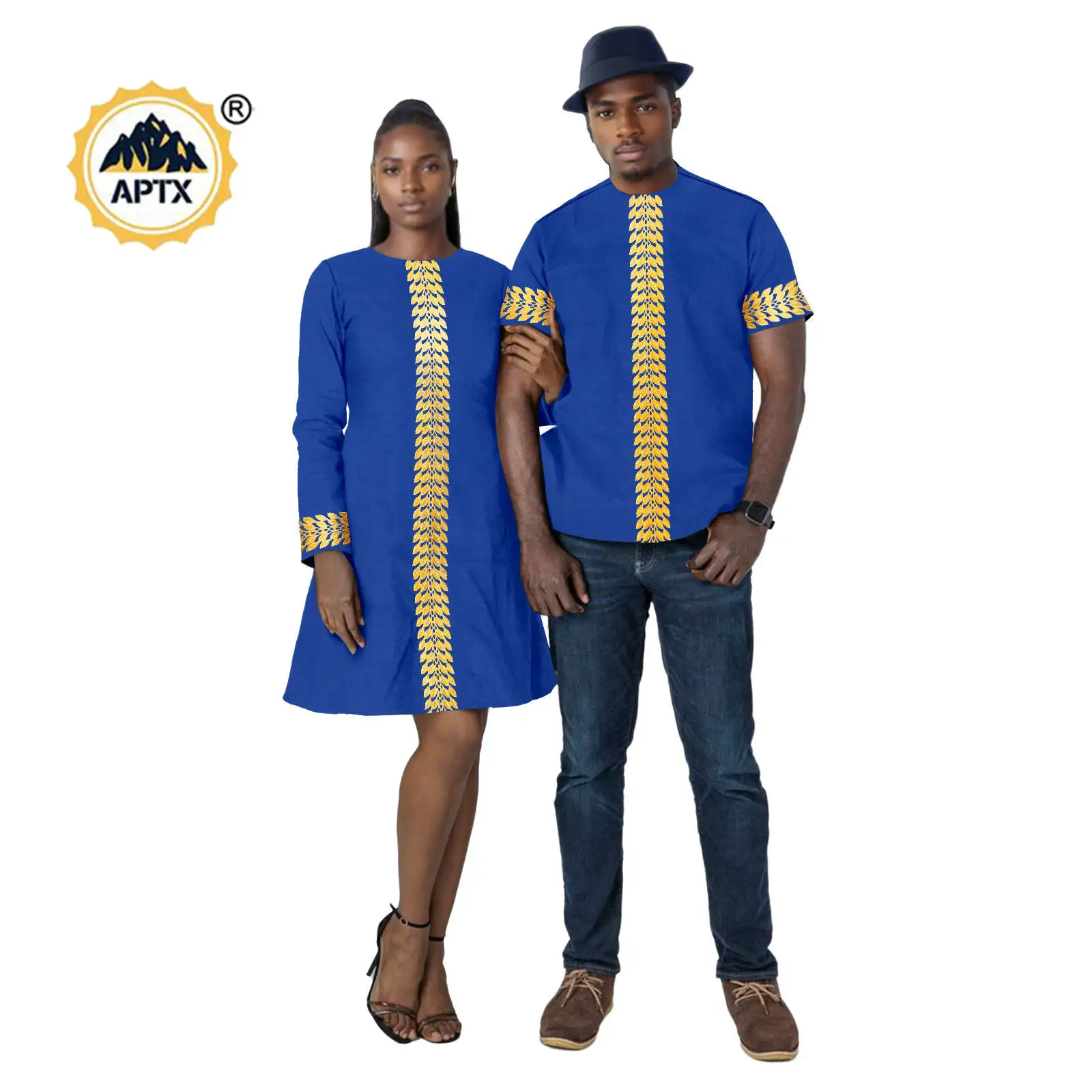 Minivestidos acampanados para mujer, trajes de pareja a juego, ropa africana Dashiki, Tops con apliques para hombre, camiseta, prendas de vestir para fiesta de boda 24C082