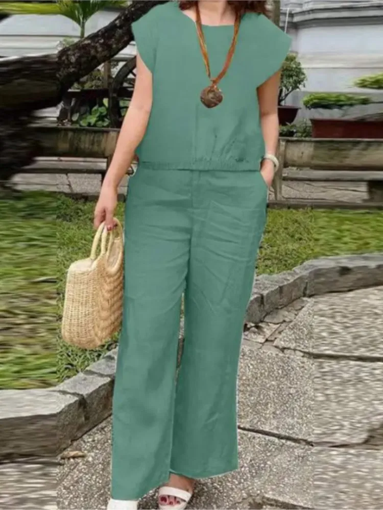 

2025 Summer New Arrival Fashion Trousers Two Piece Suits Sets Womens Elegant O-neck Short Sleeve Tops Pants Sets Solid Tracksuit