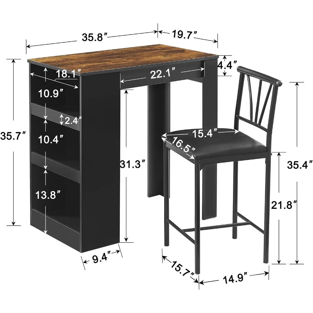 Small Bar, Table and Chairs, High Kitchen, Breakfast Corner with Stools, Dining Set for 2 People, Storage Shelves, Save Space