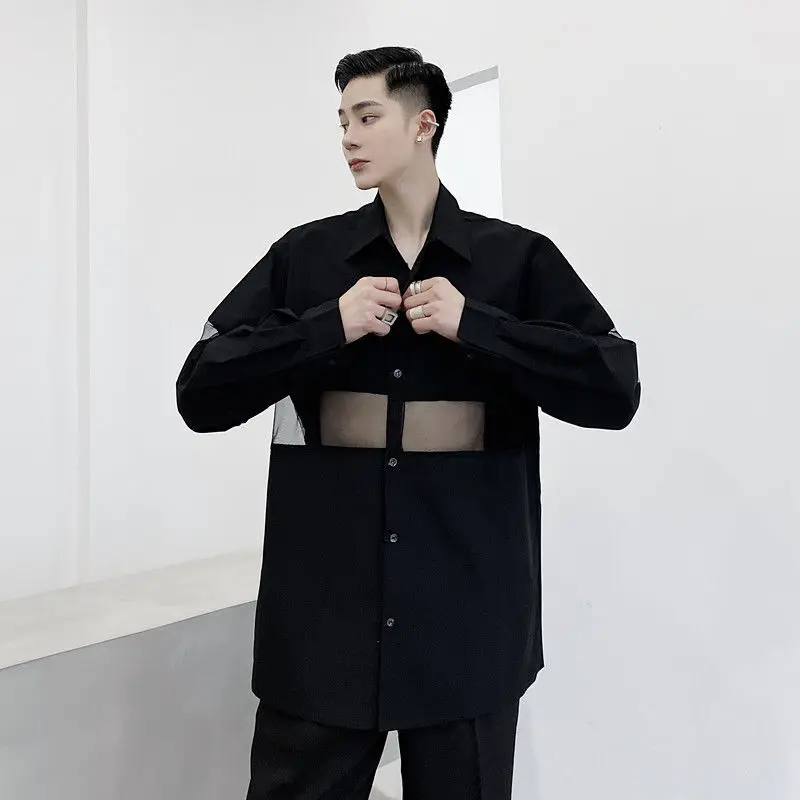 IEFB /men's wear transparent mesh stitching design black whtie large size shirt fashion loose Autumn new tops for male 9Y3405