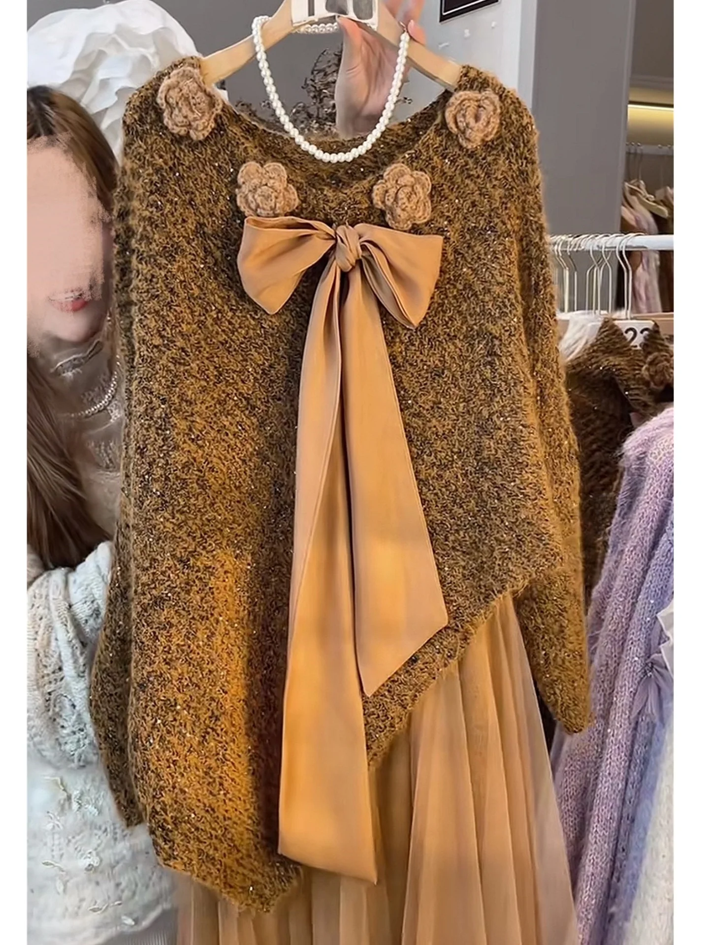 

Sweet Korean Sle Knot Brown Sweater Women's Autumn Winter Soft Cozy Base Layer Asymmetrical Top Commute Sle Loo...