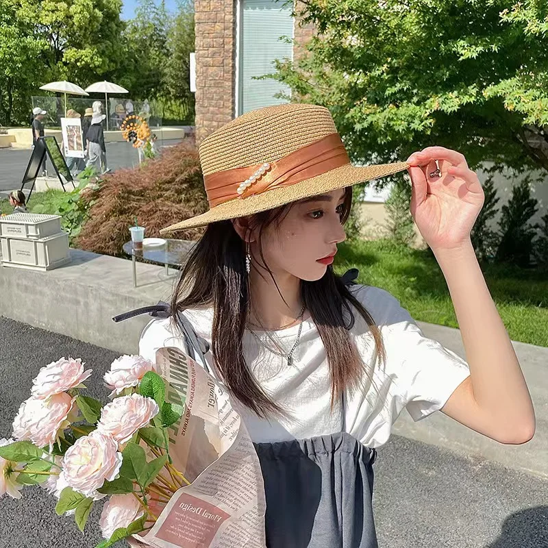 2024 Summer French Elegant Beach Straw Hats for Women Visor Fitted Hat Brim Jazz Travel Pearl Female Casual Panama Hat Suncap