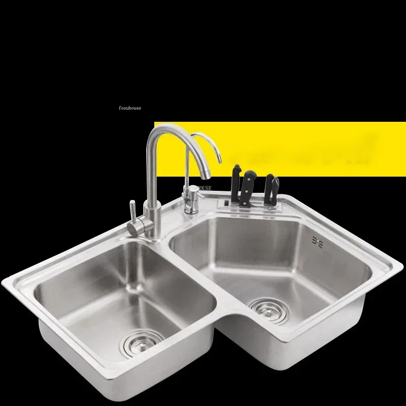

#For Corner Kitchen Sinks Home Kitchen Accessories Stainless Steel Double Slot Wash Basin Modern Balcony Shaped Brushed Sin