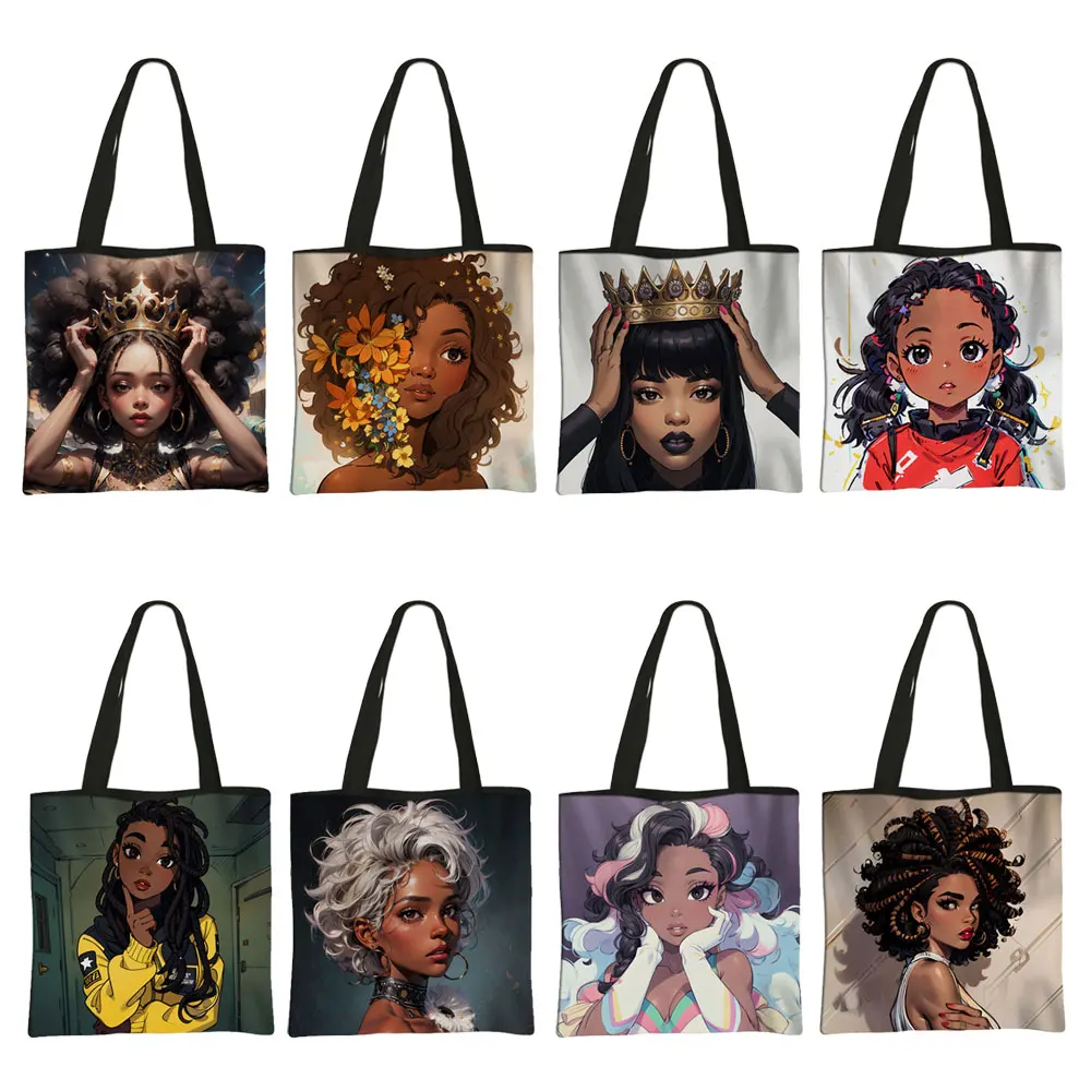 Afro Women Tote Bags Fashion Black Women Handbag African Cartoon Girls Large Capacity Shoulder Bag Ladies Reusable Shopping Bag