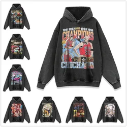 Yao888 Mode Vintage Kapuze Flor Loop High Streetewar Tops Pullover Anime Cartoon Charakter Druck Baggy Hoodies für Männer