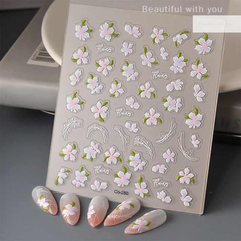 5D Ice Through Kawaii Relief Sakura Nail Art Stickers Flower Self-Adhesive Nail Decorations Decals Accessories