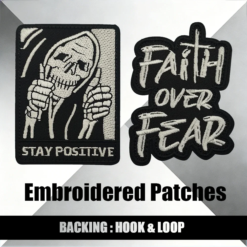 

Вышитая нашивка «Оставайтесь позитивными: Вера над страхом» с застежкой-липучкой для куртки, аксессуар для одежды, тканевое украшение для плеча, для позитивного мышления