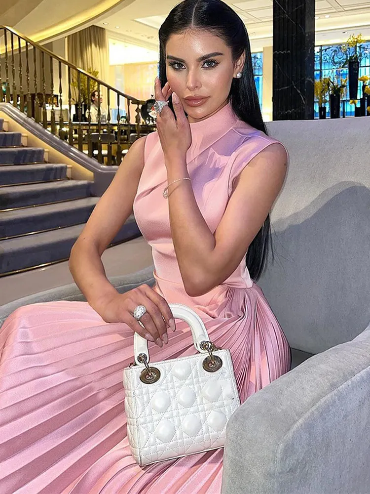 Elegant Pink Side Pleated Satin Long Dress Women Fashion Sleeveless O-neck Patchwork Dresses 2024 New Lady Evening Party Robes