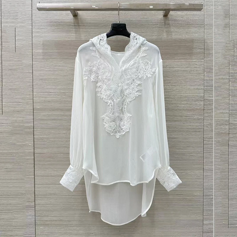 Women's lace splicing silk blouse, water-soluble flower embroidery blouse, sunscreen hooded shirt, 100% Mulberry Silk, 2025, New