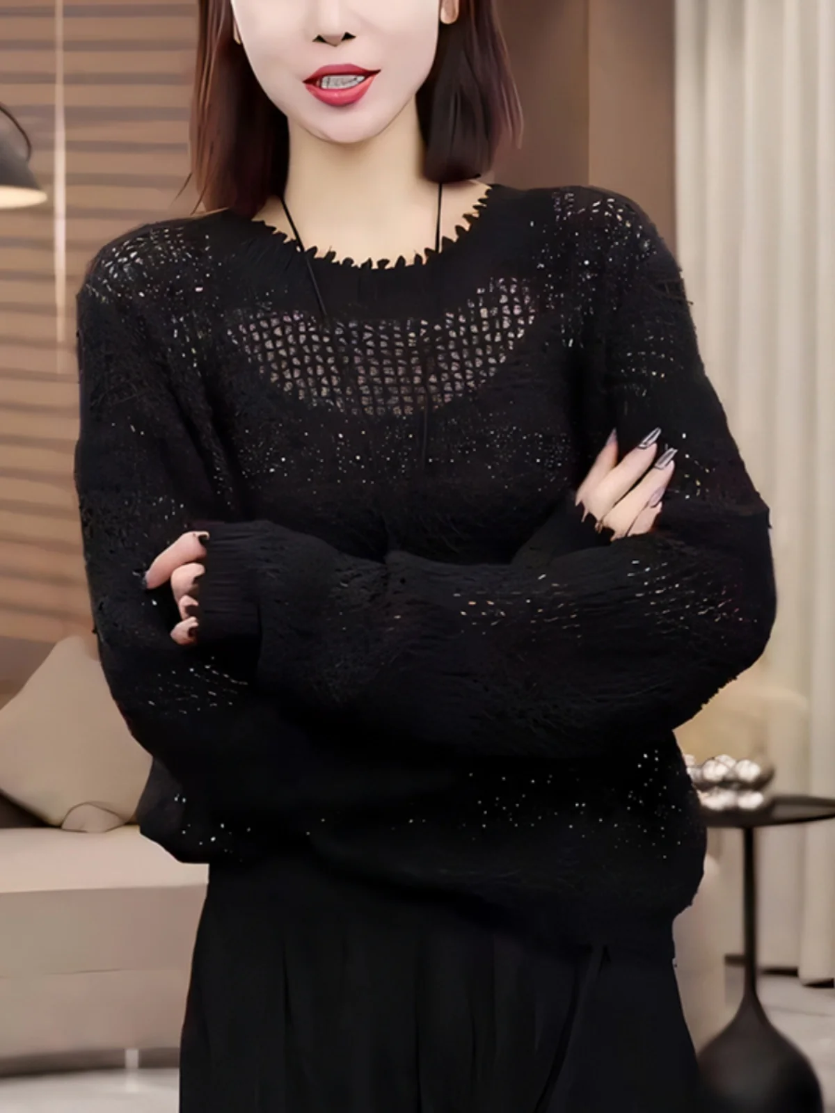 

Faionable Loose Long Sve round Ne Knitwear Bla Crew Ne Pullover Autumn New Sle Ele Personali Casual Knit S...