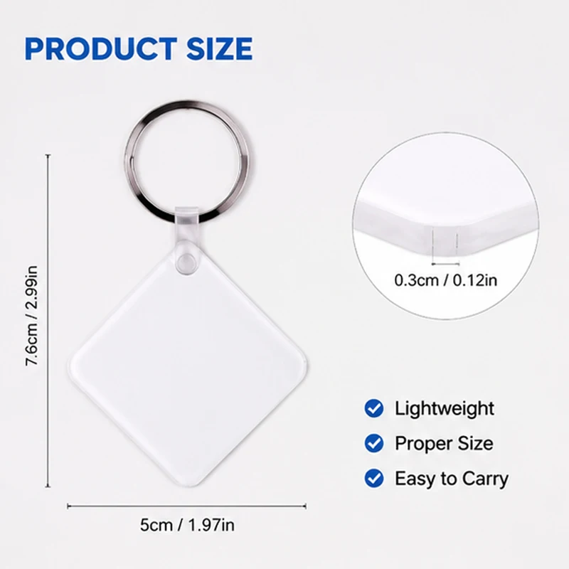 Square 10Pcs Sublimation Acrylic Blank Keychain Kit with Keyrings Tabs, Bonus 2 Extra Clips DIY Heat Transfer Craft