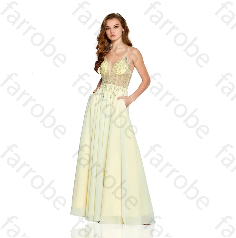 Vestidos de noche largos amarillos personalizados, gasa con cuentas y diamantes, cuello en V, corte en A, largo hasta el suelo, sin espalda, vestidos formales para fiesta de graduación