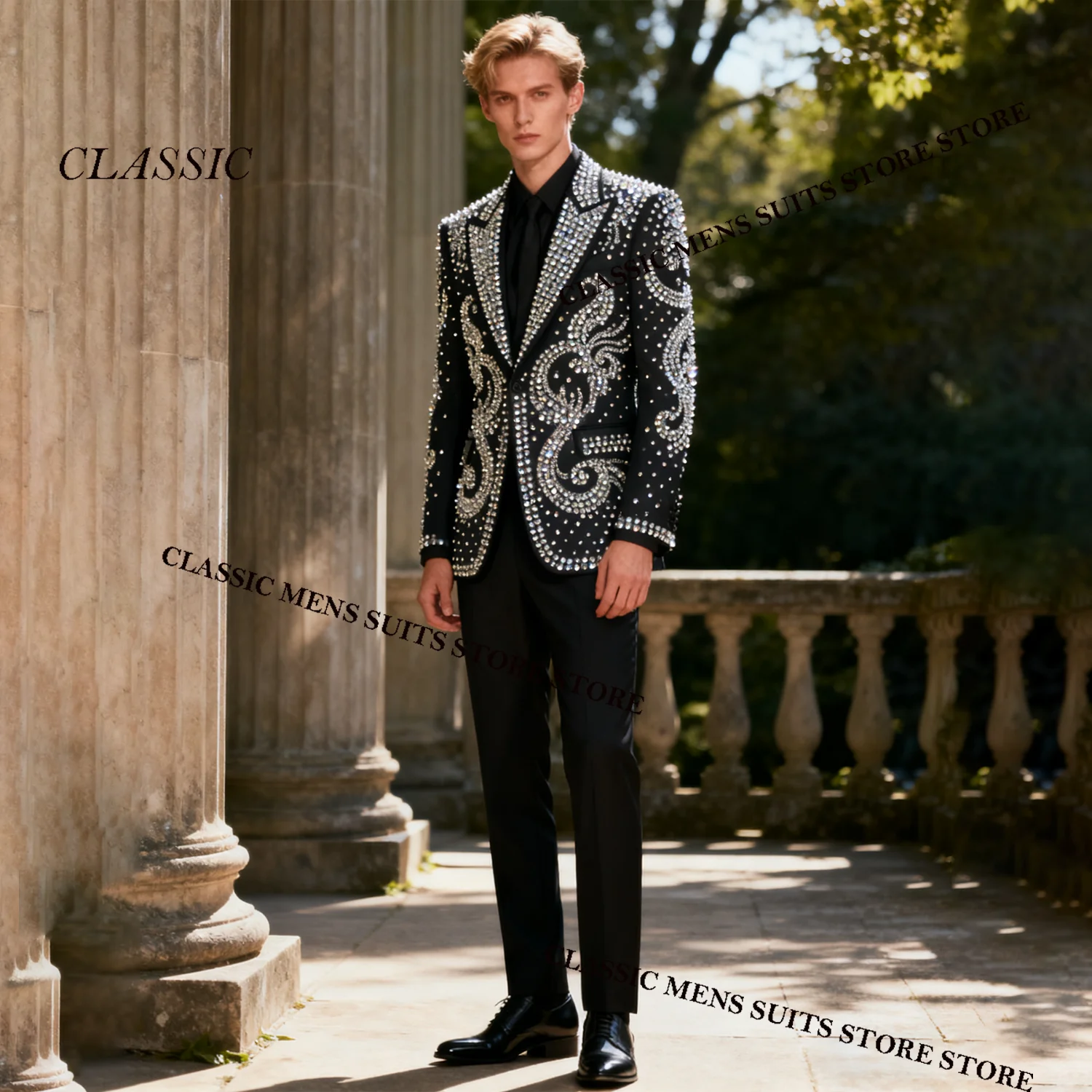 

Sparkly Metallic Jewelry Ornament Tuxedo Men Suits 2 Piece Wedding Groom Male Prom Blazer Slim Party Ternos Completo Customized