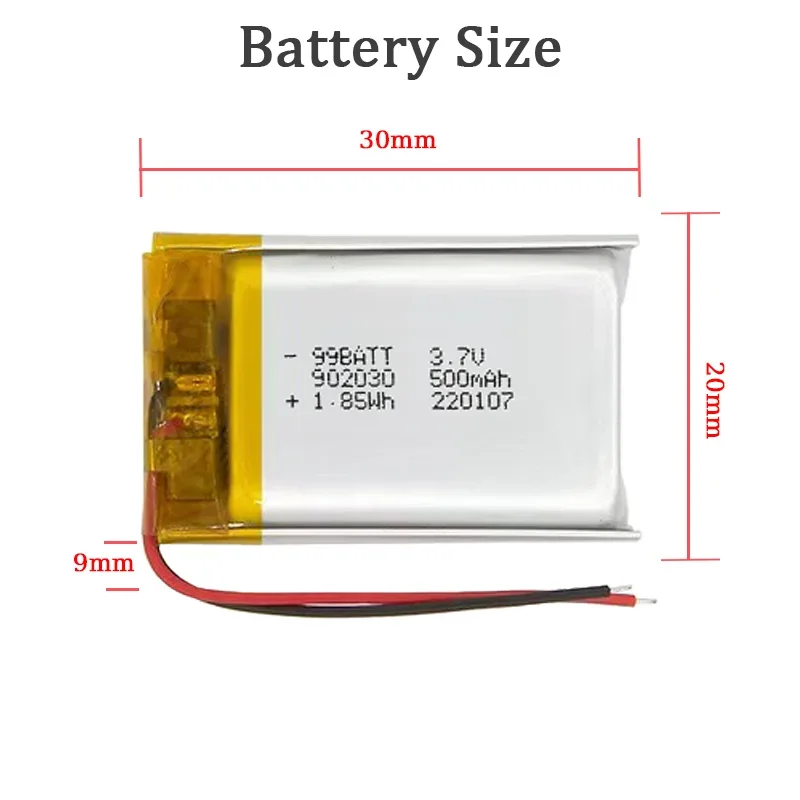 Polymer 902030 3.7V 500mAh Lithium Ion Rechargeable Battery for LED Lights Bluetooth Speakers MP3 MP4 MP5 Selfie Stick