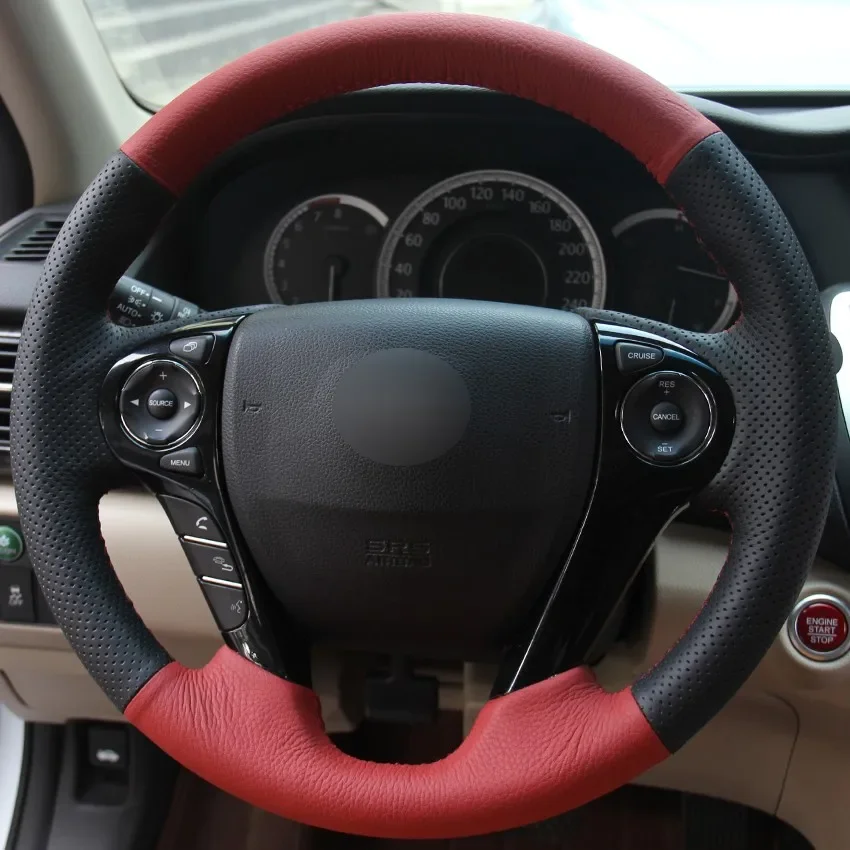 

Чехол на руль автомобиля из черной и красной кожи ручной работы с противоскользящим покрытием для Honda Accord 9, Odyssey, Crosstour, аксессуары для интерьера