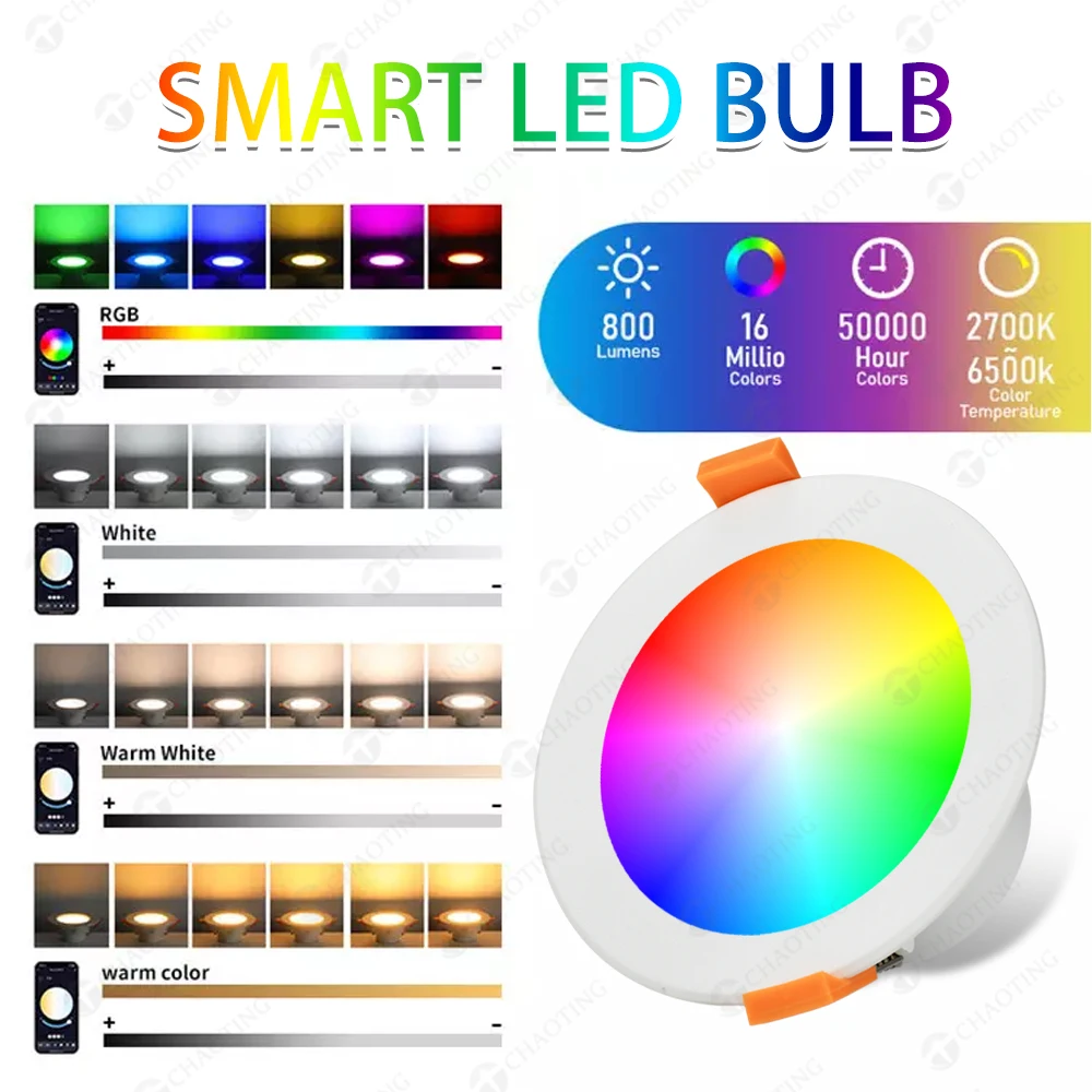 Alexa Google Large Area Illumination Anti-glare Mobile Phone Control RGB Colour Changing LED Down Light Wifi Tuya Control