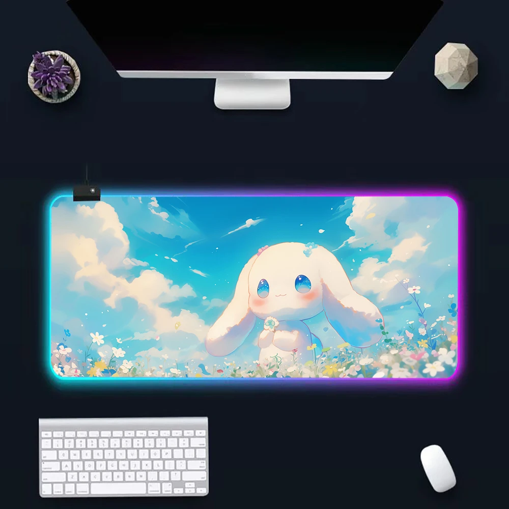 Tapis de souris Sanrios Cinnamoroll RGB PC Gamer, tapis de clavier, sous-souris LED, tapis lumineux, caoutchouc, ordinateur de jeu