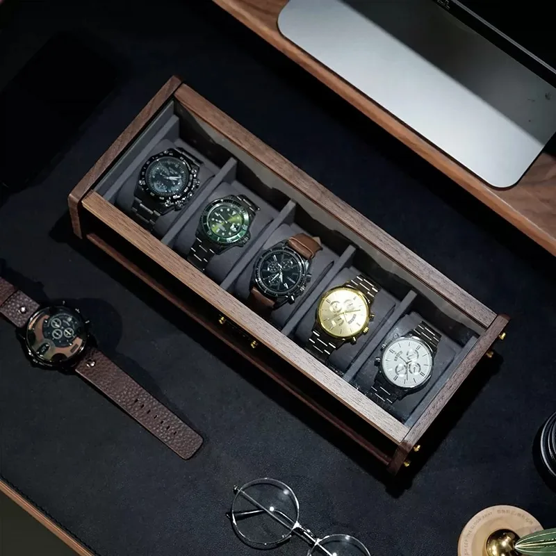 Wooden Watch Storage Box Retro Man Watches Display Boxes 5 Slot Watch Organizer Case Desktop Large Capacity Watches Cases