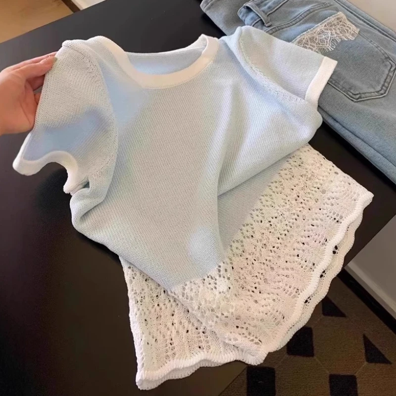 

Women T Shirts Tops Lace Spliced Tees Cut Out Short Sleeves Round Neck Slight Strech Loose Fit Office Lady Casual 2026 Summer