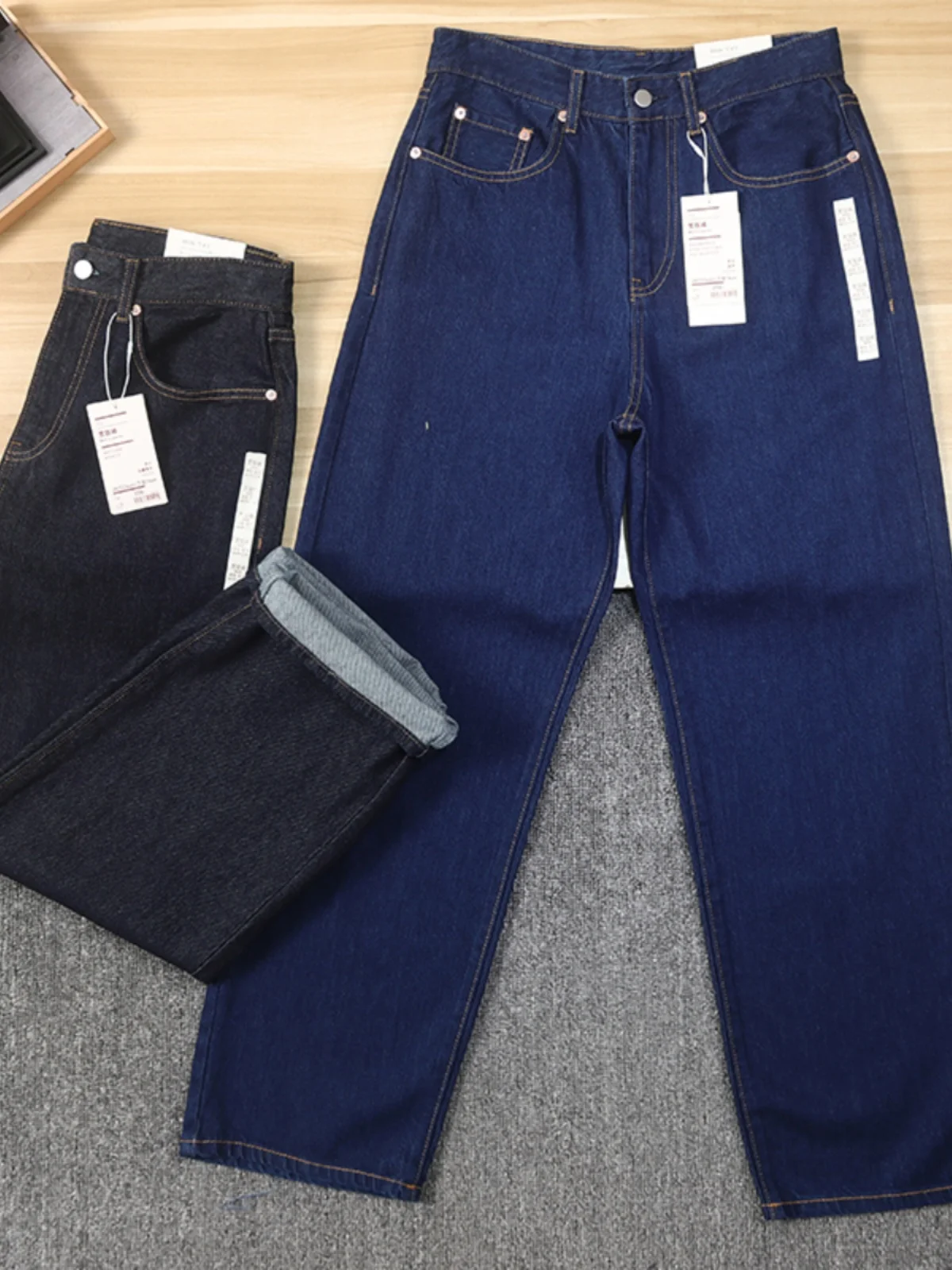 

Retro Japanese Sle Dad Jeans Loose Wide Leg Cotton Denim Slim Fit Straight Cut Long Trousers for Young Men Autumn Spring