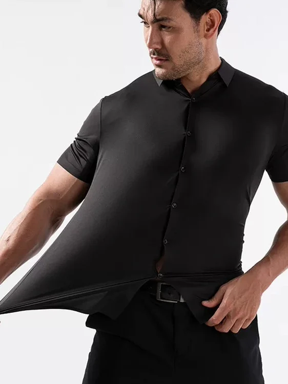 European Style Ice Silk Four-Sided Elastic Men's Shirt No Ironing Seamless Loose Short Sleeve Smooth Liquid Ammonia Modal Wor...