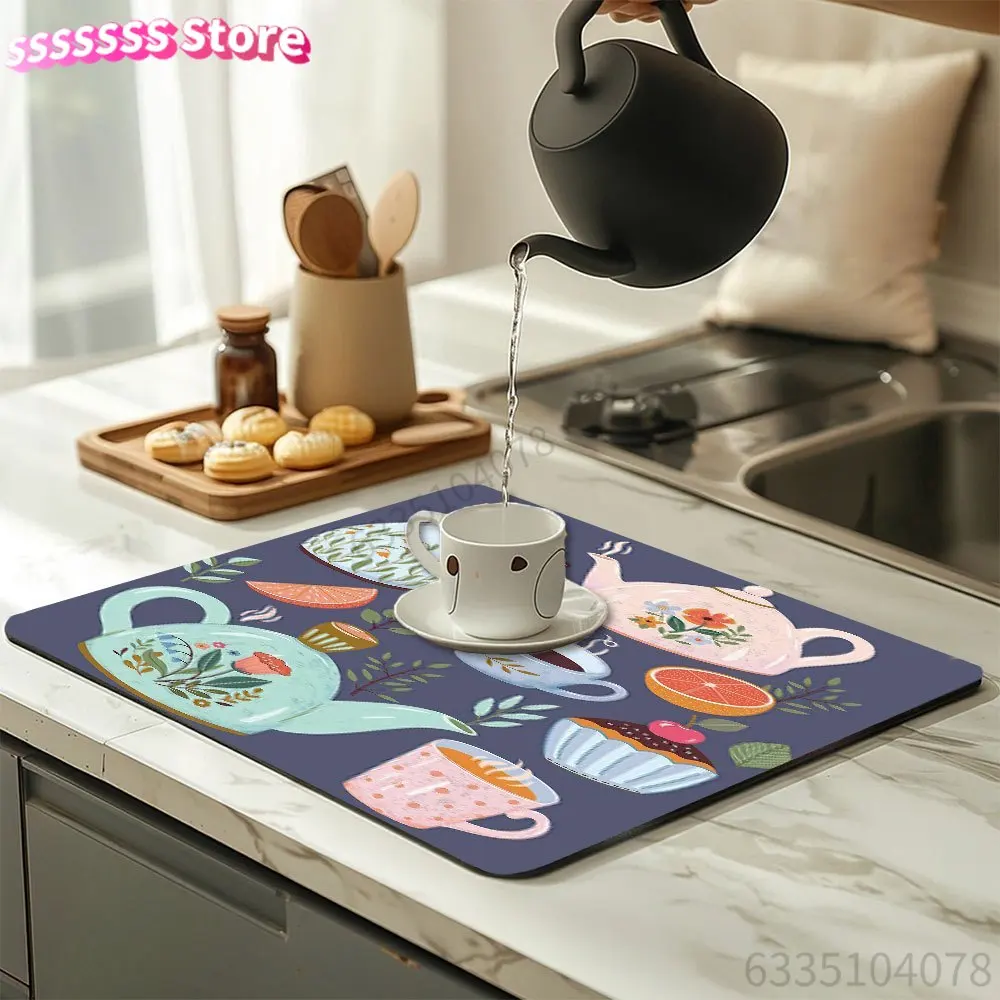 Dish Drying Mat Featuring a Charming Tea Time Design, a Cute Coffee Machine Mat That Dries Quickly, Heat-Resistant for Kitchen