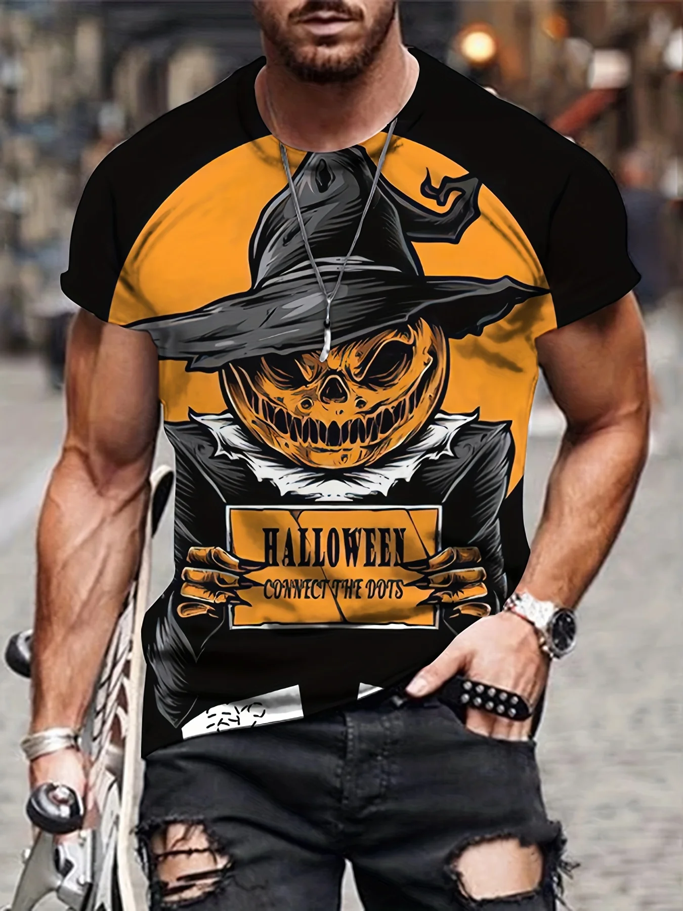

2025 New Men's Halloween Pumpkin Print Casual T-shirt, Short-sleeved Round Neck Loose T-shirt, Halloween Theme Casual Clothing