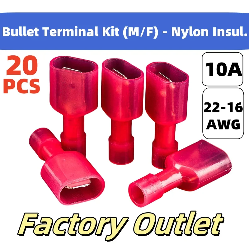 

20 PCS FDFN1.25-250 Nylon Insulated Tab Terminals - 22-16AWG Quick-Disconnect Kit for Automotive Lighting Repair (M/F Pair)