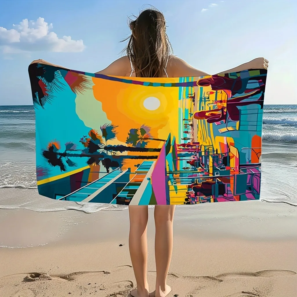 

Pop Art Sunset Beach Cafe Microfiber Towel Quick Dry Vibrant Abstract Design Soft Durable Pool Beach Travel Summer Decor Gift