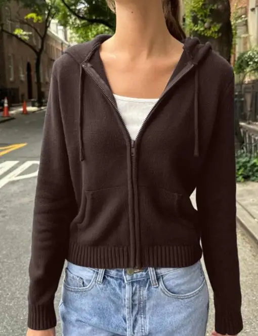 

Women's Jacket 2026 Spring Autumn New Long Sleeved Pocket Design Solid Color Slim Fit Daily Casual Hooded Zipper Jacket