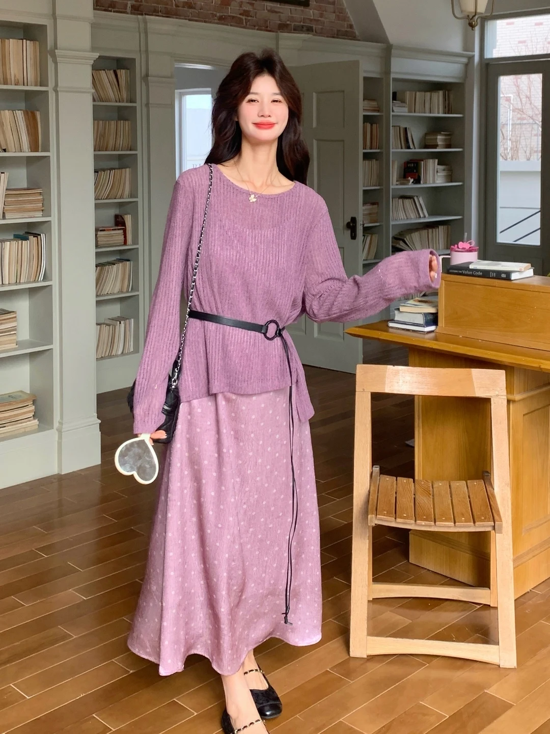 

Весенне-осенний фиолетовый вязаный комплект-двойка для женщин: дышащий, с завышенной талией, в горошек, шикарный и элегантный