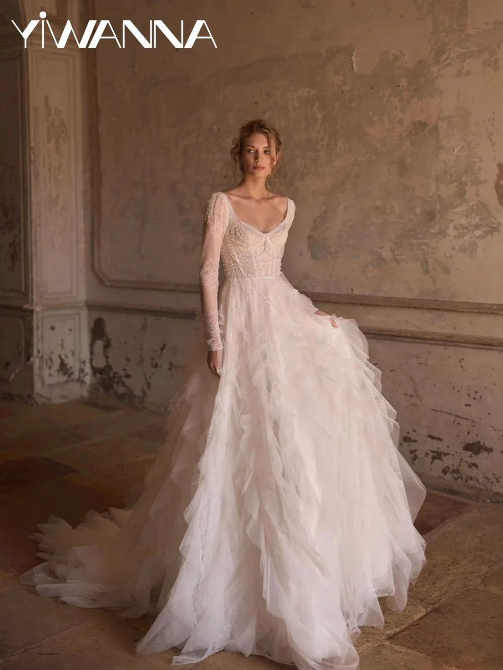 

Изысканное свадебное платье А-силуэта с рюшами, кружевом и жемчугом, длинное, до пола, с открытой спиной, на заказ