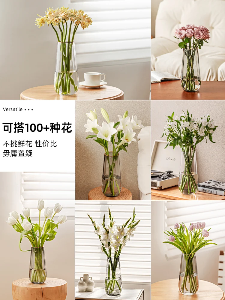 Vase ornament, living room flower arrangement, light luxury, high-end sense, transparent glass, hydroponic water, roses