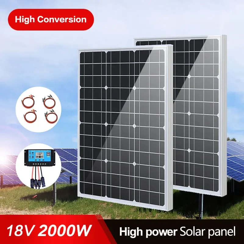 2000W Solar Panel 18V Glass Aluminum Frame Single Crystal Car Battery Charger Household Recreational Vehicle RV Roof Street Lamp